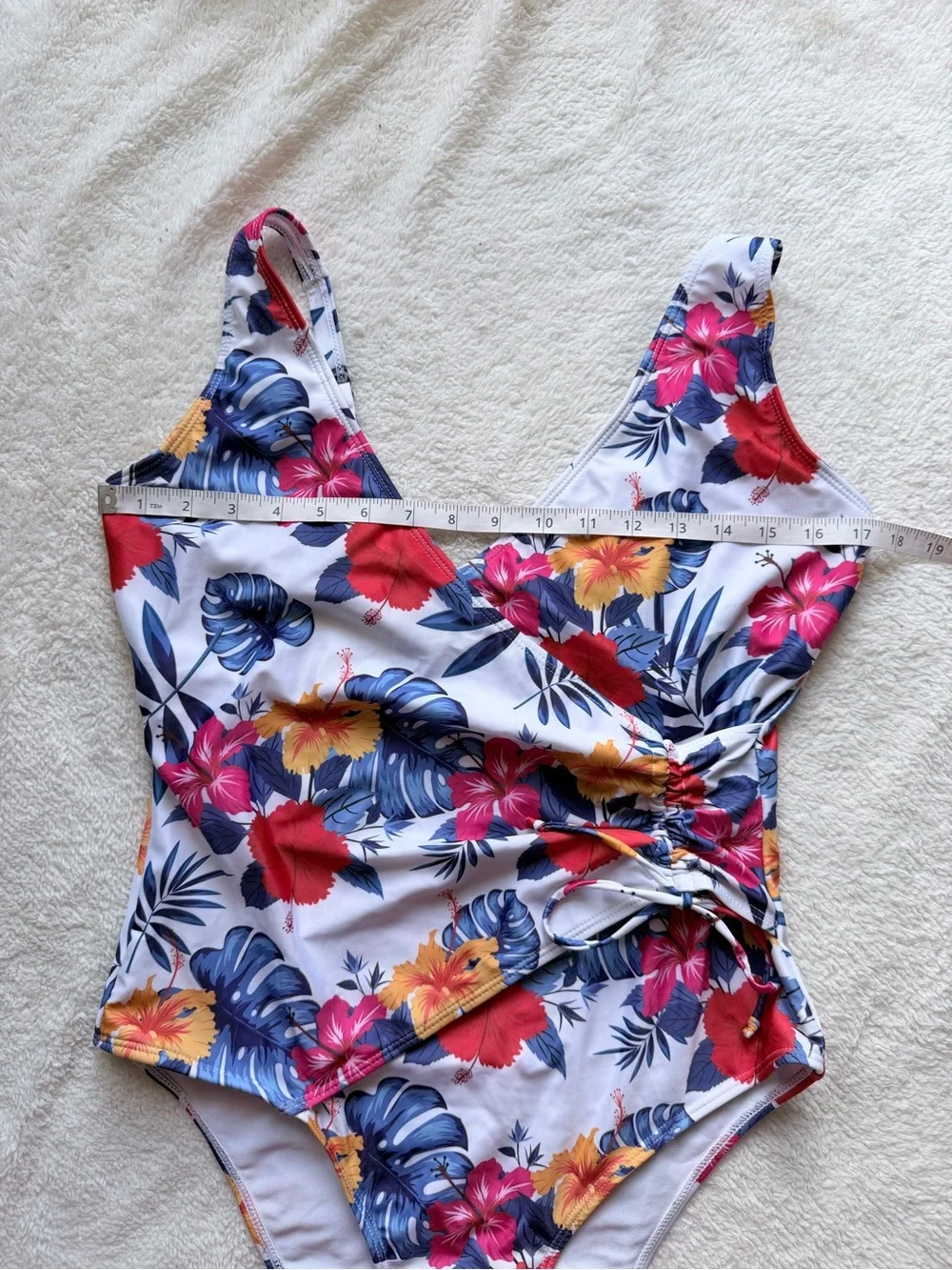 Floral Tropical One-Piece Swimsuit in White with Red & Blue Accents